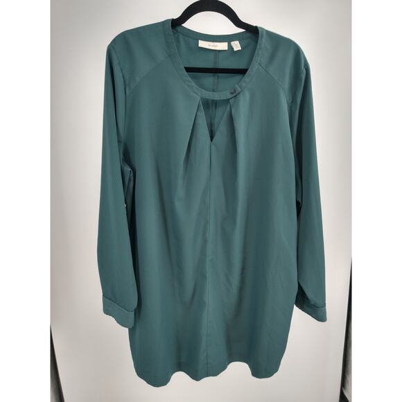 Sejour Blouse Top Plus 20W Keyhole Pleated‎ Button Neck Long Sleeve Casual Green - Picture 1 of 8